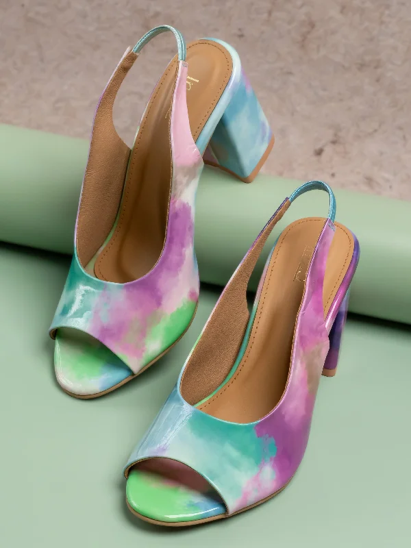 Comfy All-Season Shoes Women Blue Printed Peep Toes Block Heels