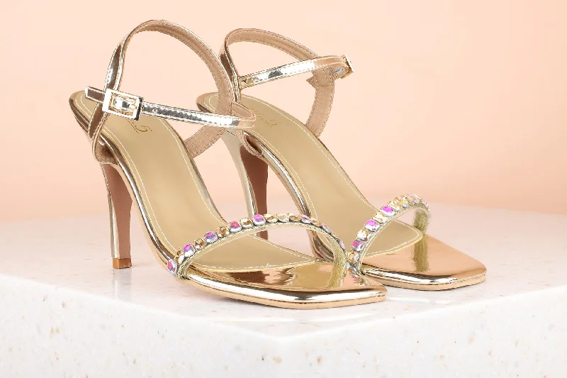Fashionable Street Sneakers Women Gold Embellished Slim Heels
