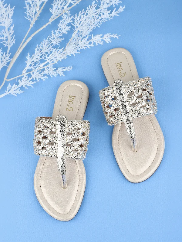 Sporty Breathable Sneakers Women Gold Embellished Textured Open Toe Flats