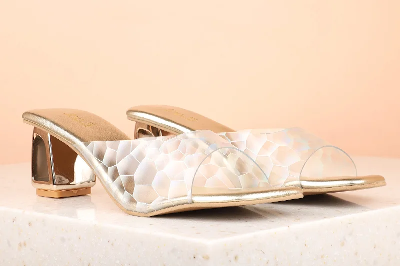 Ultra-Cushion Running Shoes Women Gold Transparent Geometric Print Block Heel Sandals