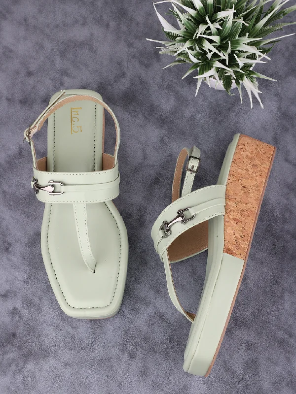 Anti-Slip Running Shoes Women Green Cork Finish T-Strap Wedge Heels