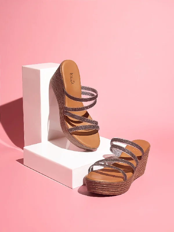 Soft Sole Casual Shoes Women Gun Metal Textured Wedge Sandals