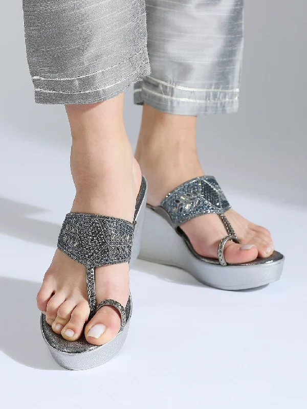 Fashionable Loafers Women Gun Metal Toned Party Wedge Sandals