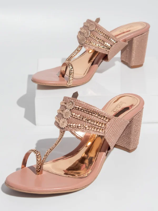 Breathable Foam Sneakers Women Peach Embellished Block Heels