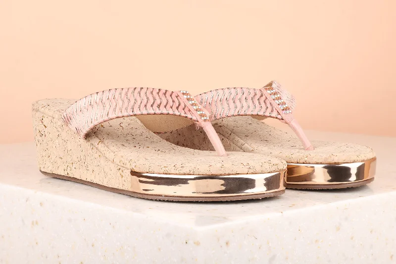 Fashion-Oriented Shoes Women Peach Embellished Open Toe Wedges