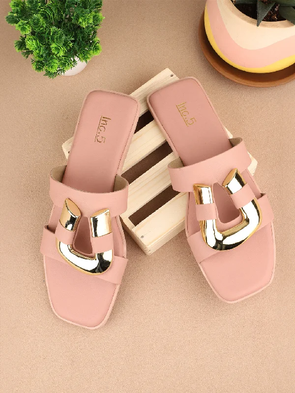 Travel Sport Shoes Women Peach & Gold-Toned Buckle Detailed Open Toe Flats