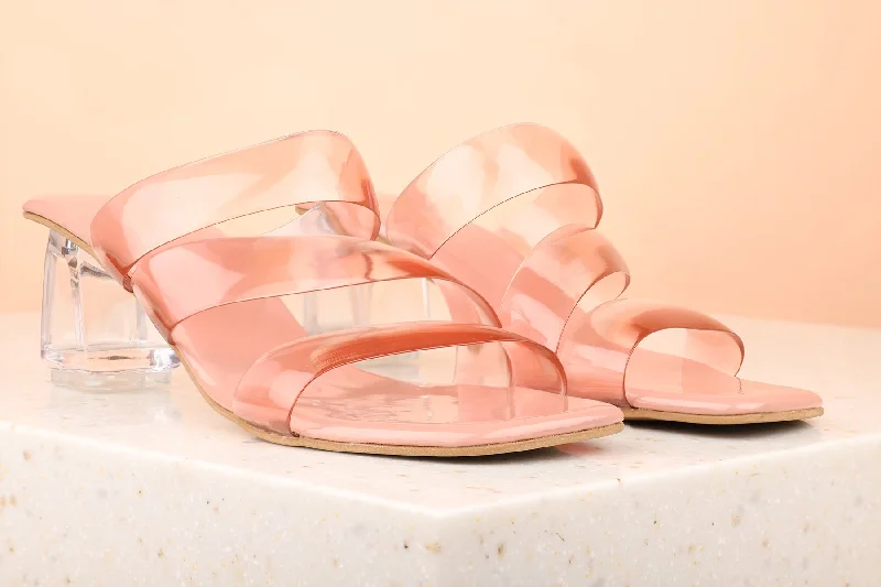 Soft Leather Shoes Women Peach Transparent Block Heel Sandals