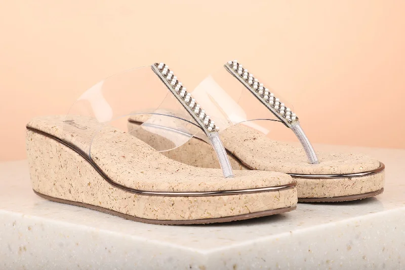 Comfy All-Season Shoes Women Pewter Transparent Embellished Open Toe Wedges