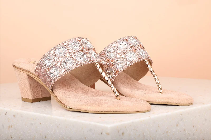 Ultra-Soft Cushion Shoes Women Rose Gold Embellished Block Heels