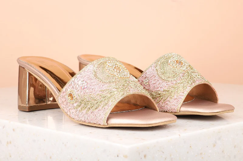 All-Day Cushioned Shoes Women Rose Gold Embellished Ethnic Block Heels