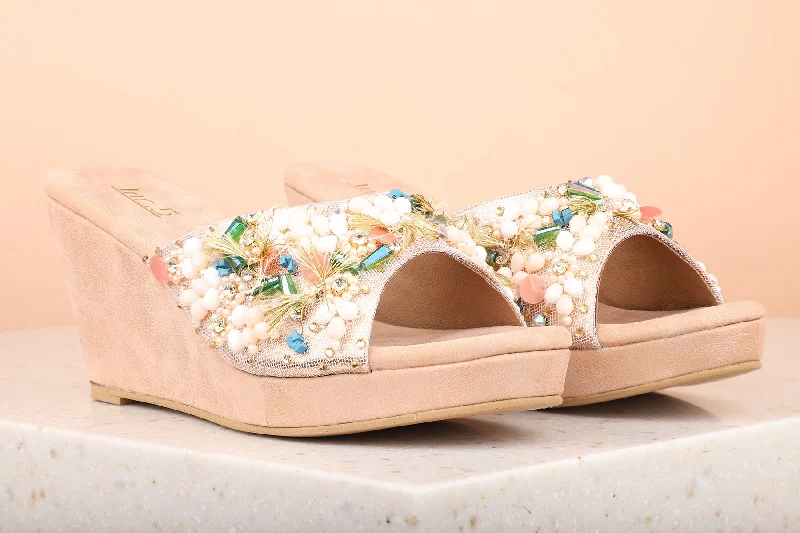 All-Day Cushioned Shoes Women Rose Gold Embellished Ethnic Wedge Peep Toes Heels