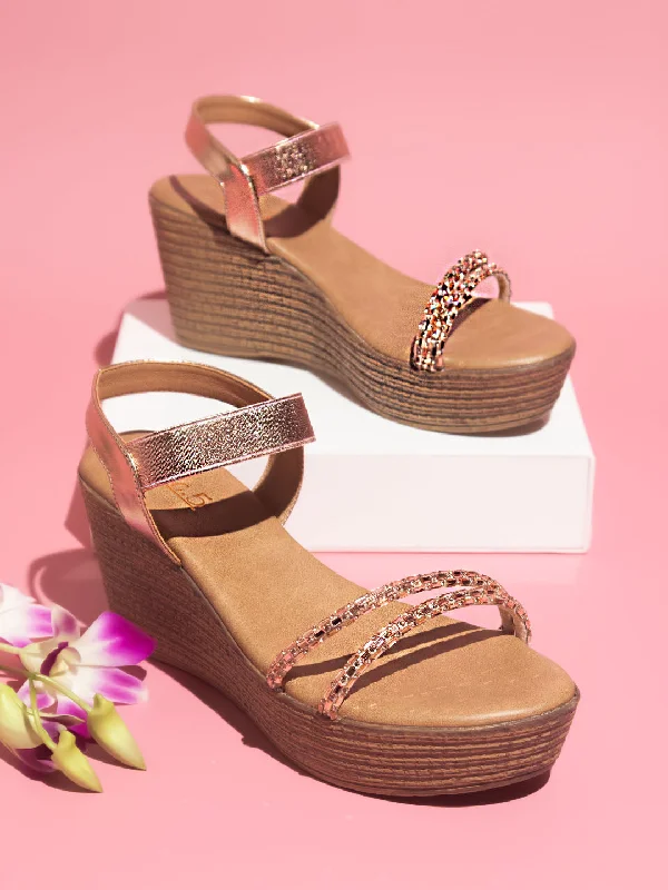 Fashion Running Shoes Women Rose Gold Embellished Wedge Sandals