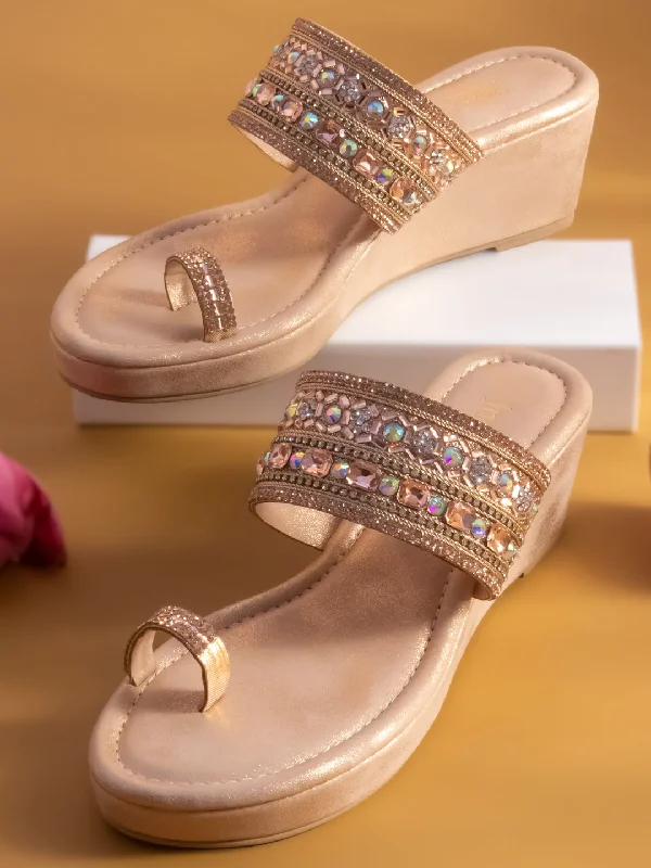 Shockproof Running Sneakers Women Rose Gold Embellished Wedge Sandals