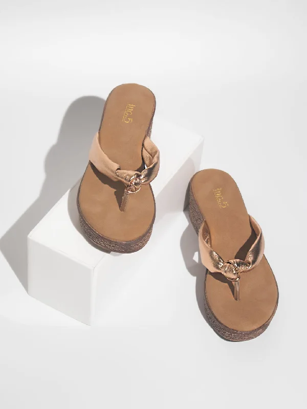 Fashionable Loafers Women Rose Gold Solid Wedge Sandals