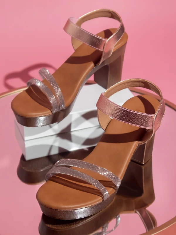 Slip-Resistant Casual Shoes Women Rose Gold Textured Platform Heels