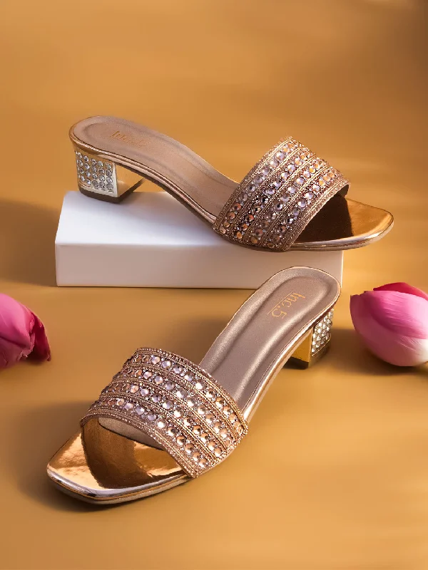 Stylish Running Shoes Women Rose Gold Toned Block Sandals