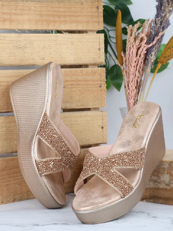 Modern Lightweight Shoes Women Rose Gold-Toned Embellished Wedge Heels