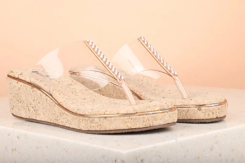 Sporty Casual Shoes Women Rose Gold Transparent Embellished Open Toe Wedges