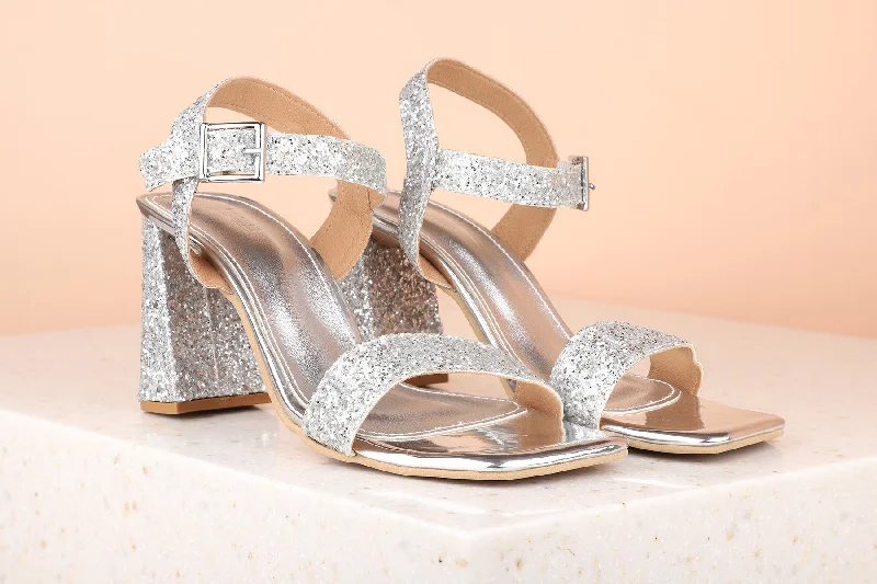 Breathable Loafers Women Silver Embellished Block Sandals