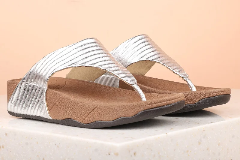 Stylish Slip-On Shoes Women Silver Textured Casual Comfort Sandals
