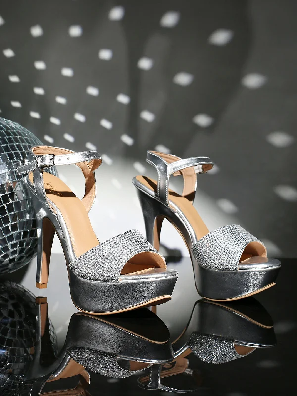 Ultra-Light Casual Shoes Women Silver Textured Stiletto Sandals