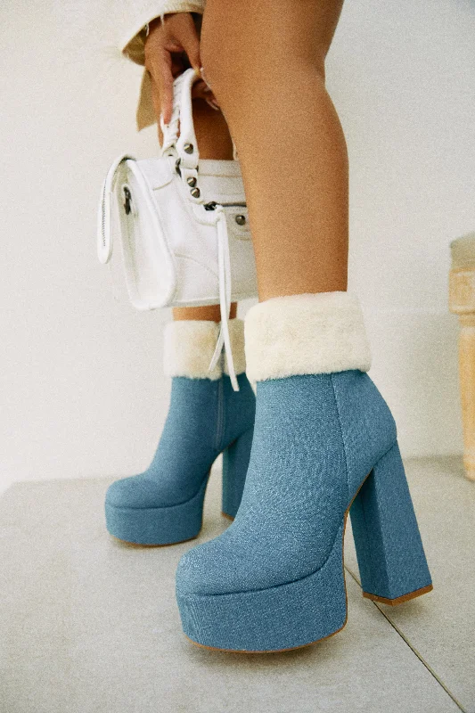 Breathable Loafers Ayla Faux Fur Platform Block Heel Ankle Boots - Denim