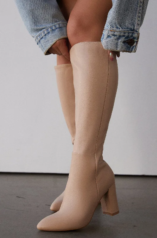All-Day Running Shoes Fine Time Block Heel Knee High Boots - Nude