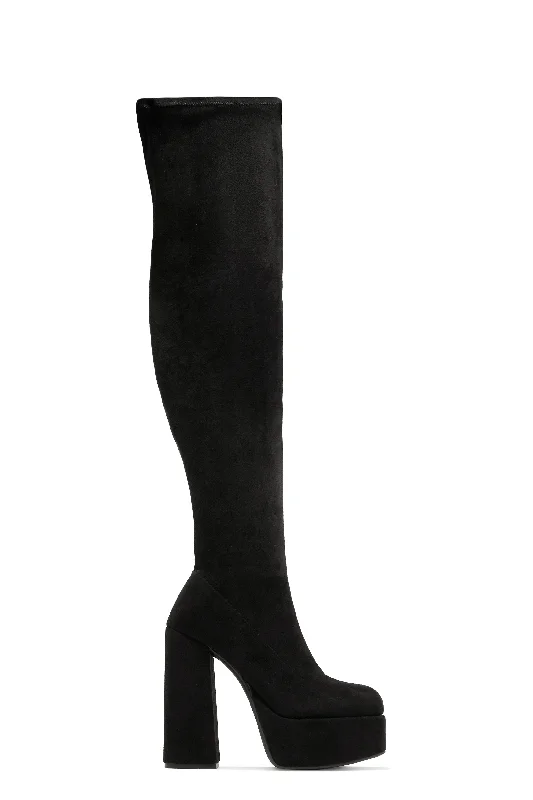 Soft Leather Shoes Lachelle Block Heel Platform Over The Knee Boots - Black