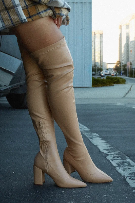 Stylish Running Shoes Make A Statement Block Heel Over The Knee Boots - Nude
