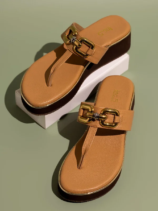 Street Comfort Shoes Women Beige Embellished T- Strap Wedges