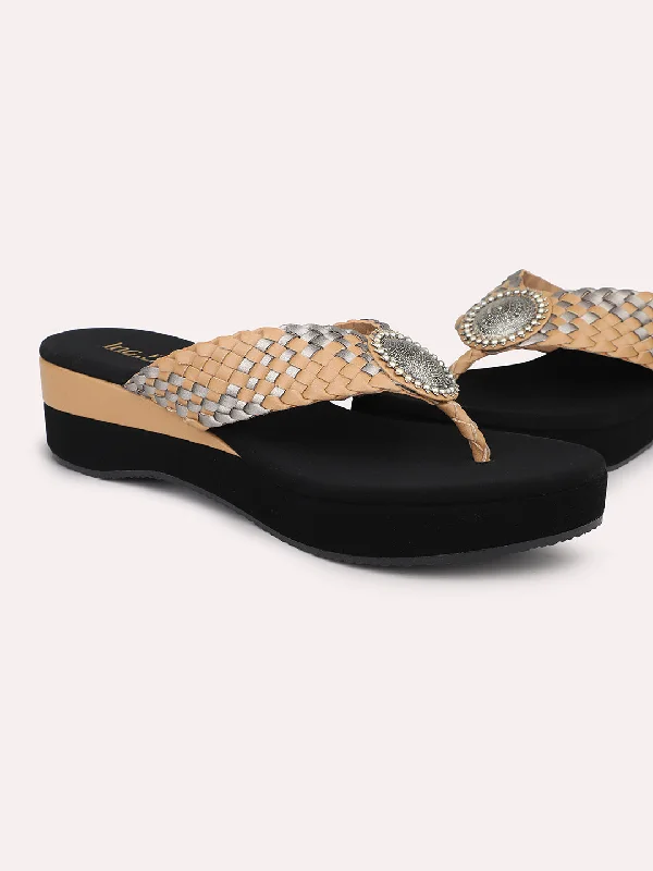 Stylish Street Shoes Women Beige Embellished Wedges Heels