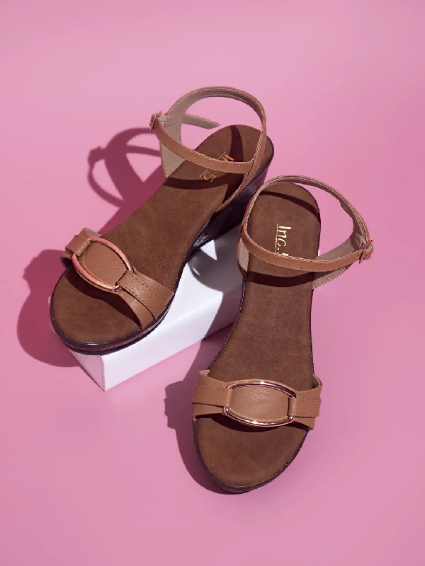 Breathable Street Sneakers Women Beige Open Toe Wedges With Buckles Detail