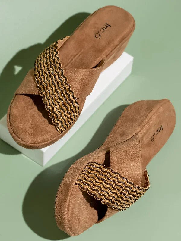 Breathable Loafers Women Beige Solid Wedge Heels