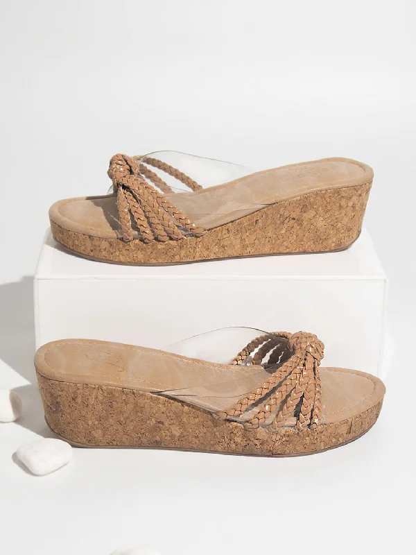 Soft Sole Casual Shoes Women Beige Textured Open Toe Wedges