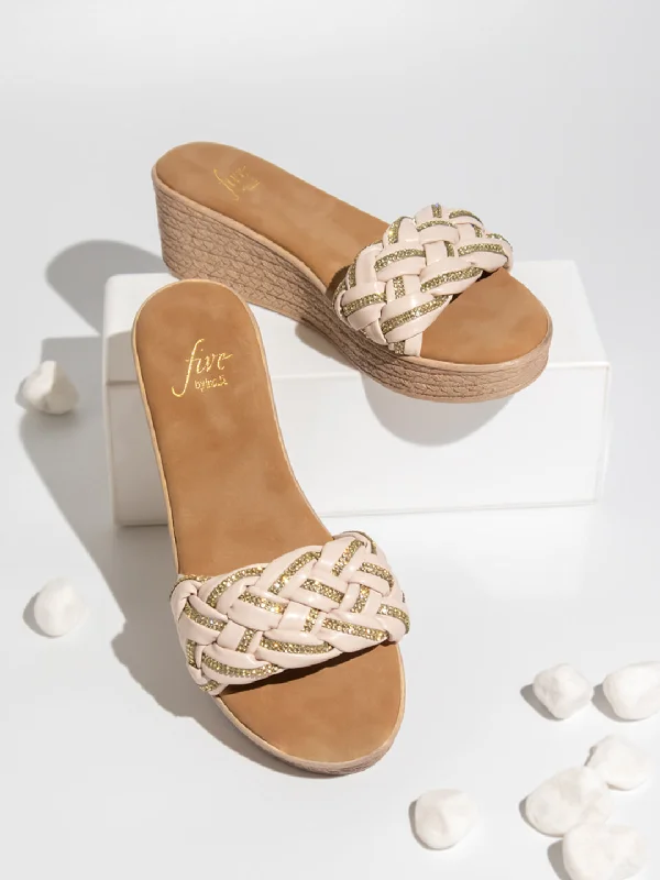 Fashionable Street Sneakers Women Beige Textured Open Toe Wedges