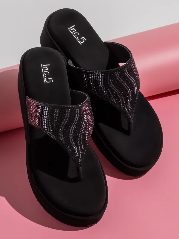 Breathable Foam Sneakers Women Black Embellished Open Toe Wedge Heels