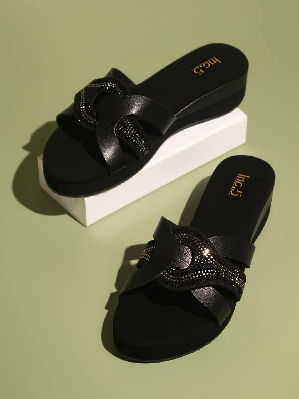 Modern Foam Sneakers Women Black Embellished Party Wedge Heels