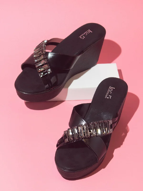 Classic Casual Sneakers Women Black Embellished Wedge Heel