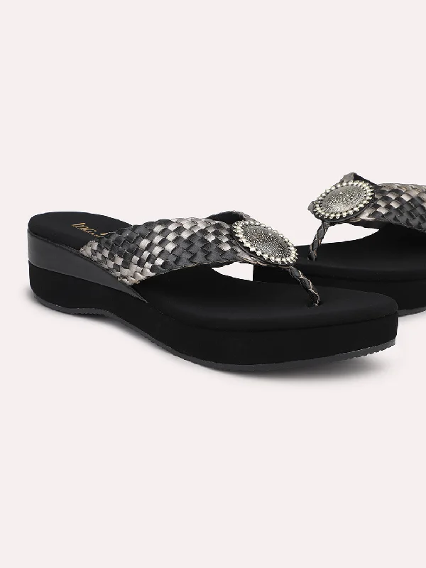 Ultra-Cushion Running Shoes Women Black Embellished Wedges Heels