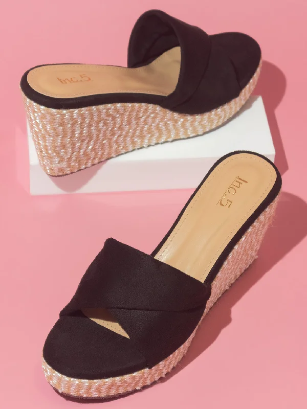 Fashion-Oriented Shoes Women Black Open Toe Wedge Heels