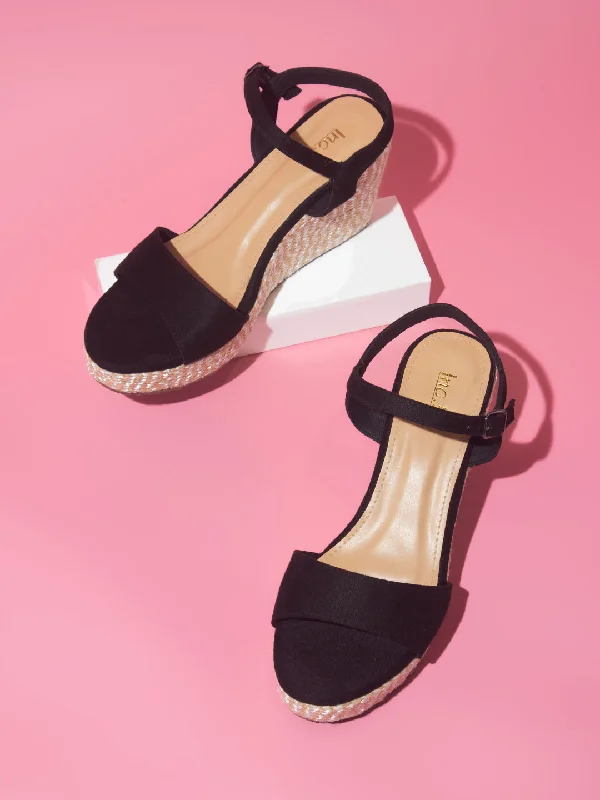 Sleek Sport Sneakers Women Black Open Toe Wedge Heels