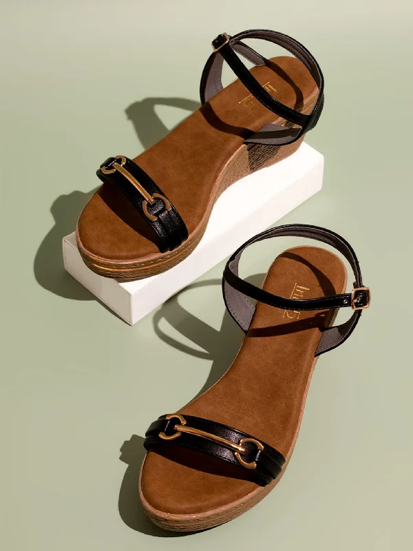 Lightweight Sport Sneakers Women Black Open Toe Wedges With Buckles Detail