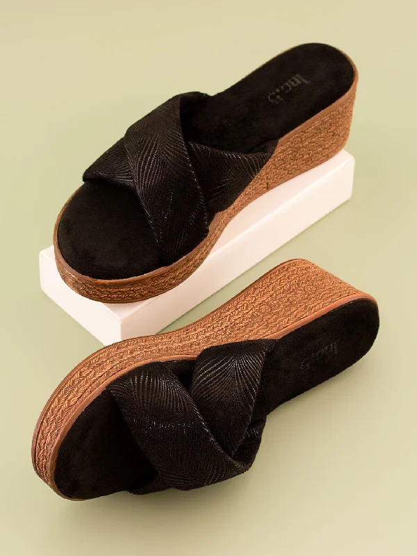 Travel Sport Shoes Women Black Printed Open Toe Wedges