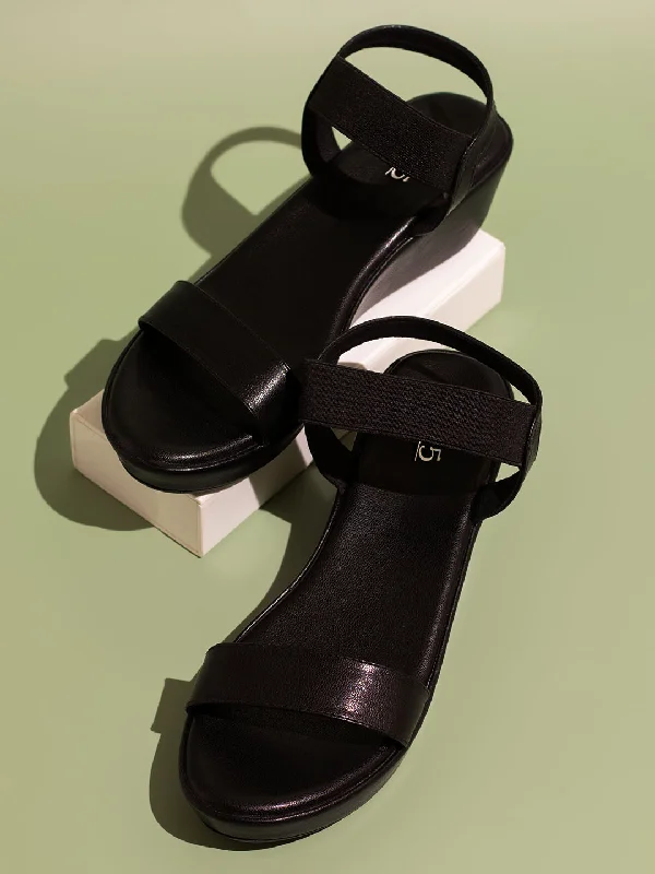 Flexible Everyday Sneakers Women Black Solid Open Toe Wedge Heels