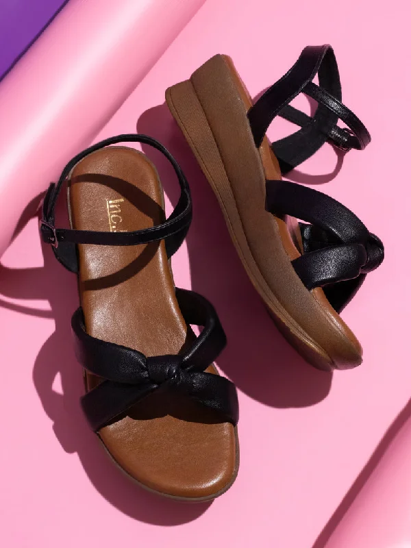 Lightweight Everyday Sneakers Women Black Textured Open Toe Wedge Heels