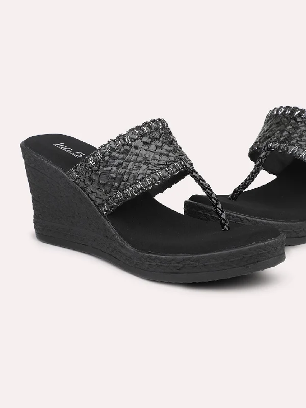 Shock Absorbing Sneakers Women Black Textured Open Toe Wedges