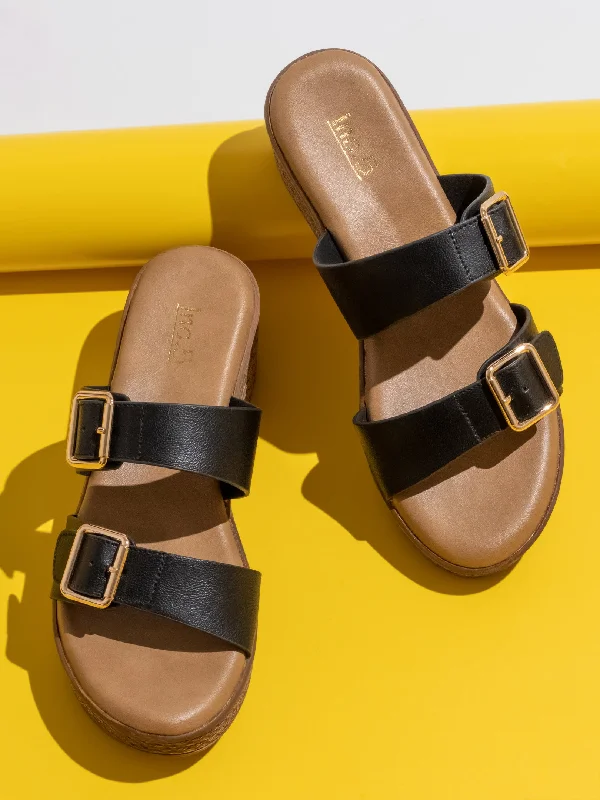Classic Everyday Shoes Women Black Two Strap Wedge Sandals With Buckles