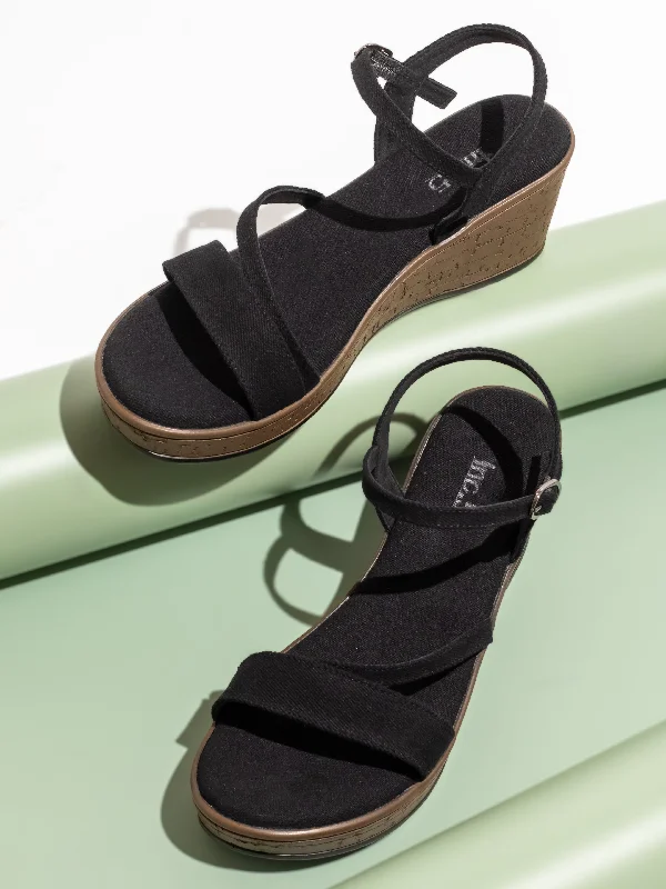 Ultra-Cushion Running Shoes Women Black Wedge Sandals with Buckles