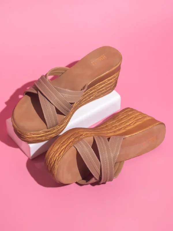 Sporty Casual Shoes Women Chikoo Textured Cross-Strap Wedge Heels