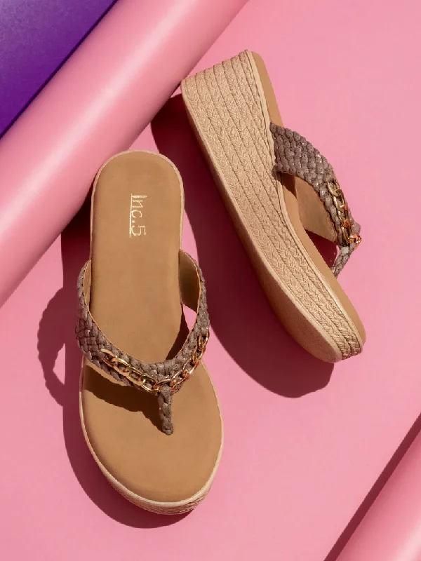 Fashion Casual Sneakers Women Chikoo Textured Open Toe Wedge Heels